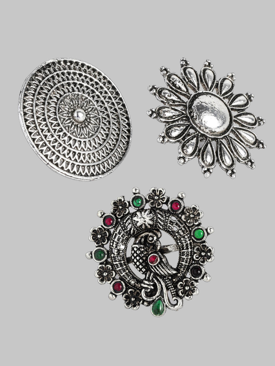 

Kord Store Set Of 3 Sterling Silver Oxidized Rhodium-Plated & Stone-Studded Adjustable Finger Ring