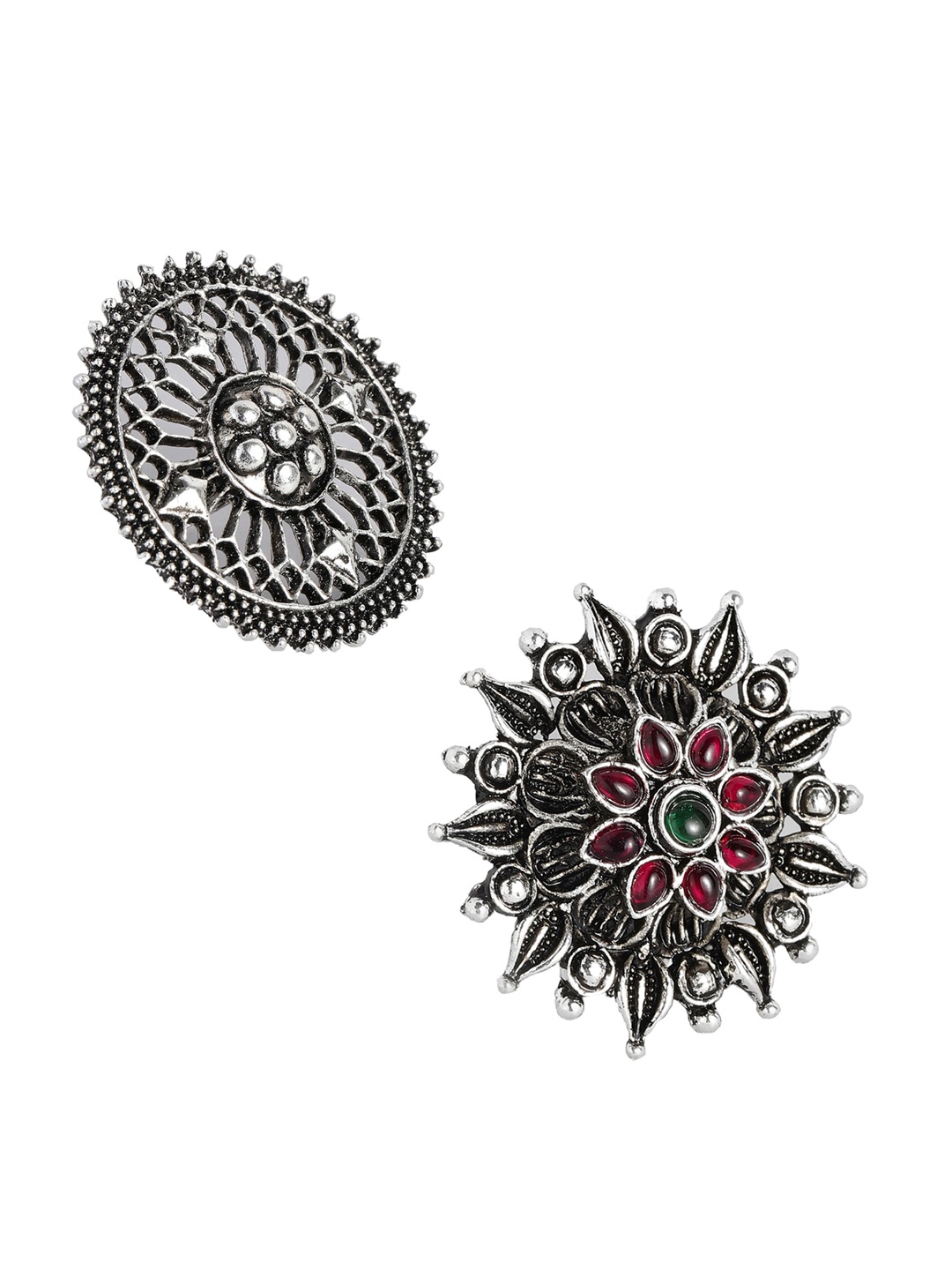 Kord Store Set Of 2 Silver-Plated Oxidised Adjustable Finger Ring, Black