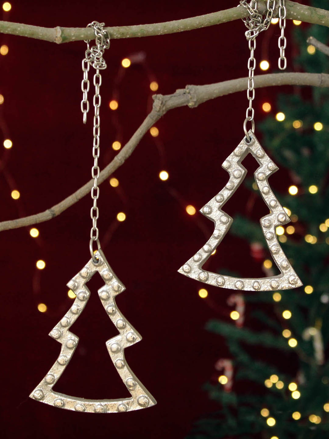 

TIED RIBBONS Set Of 2 Christmas Tree Premium Decor Hanging Ornaments Props, Silver