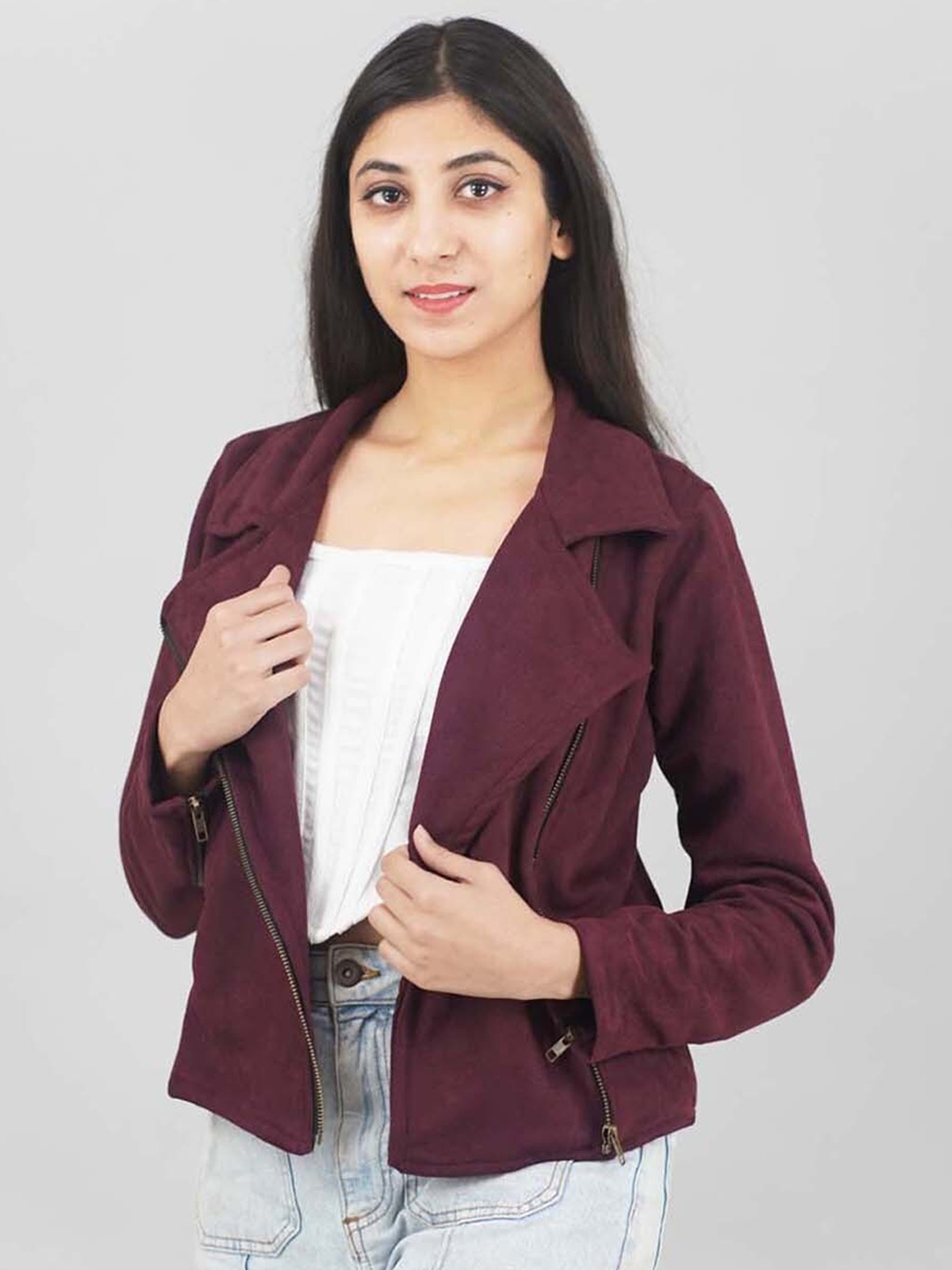 

IMPERATIVE Women Purple Striped Suede Lightweight Crop Open Front Jacket