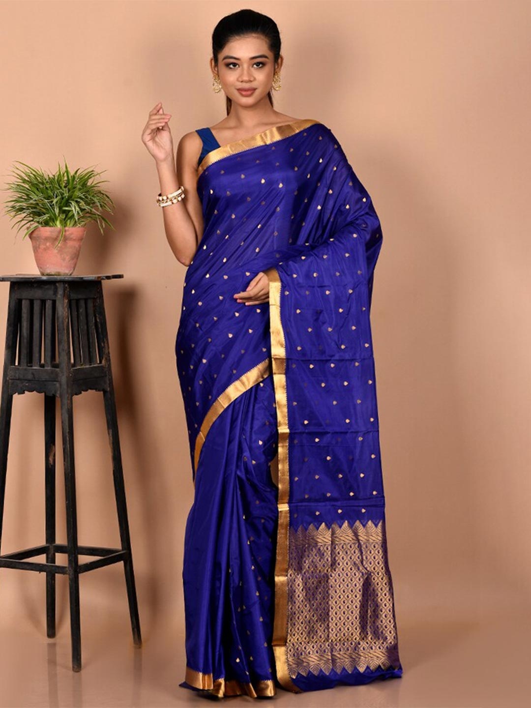 

AllSilks Woven Design Zari Silk Blend Kanjeevaram Saree, Blue