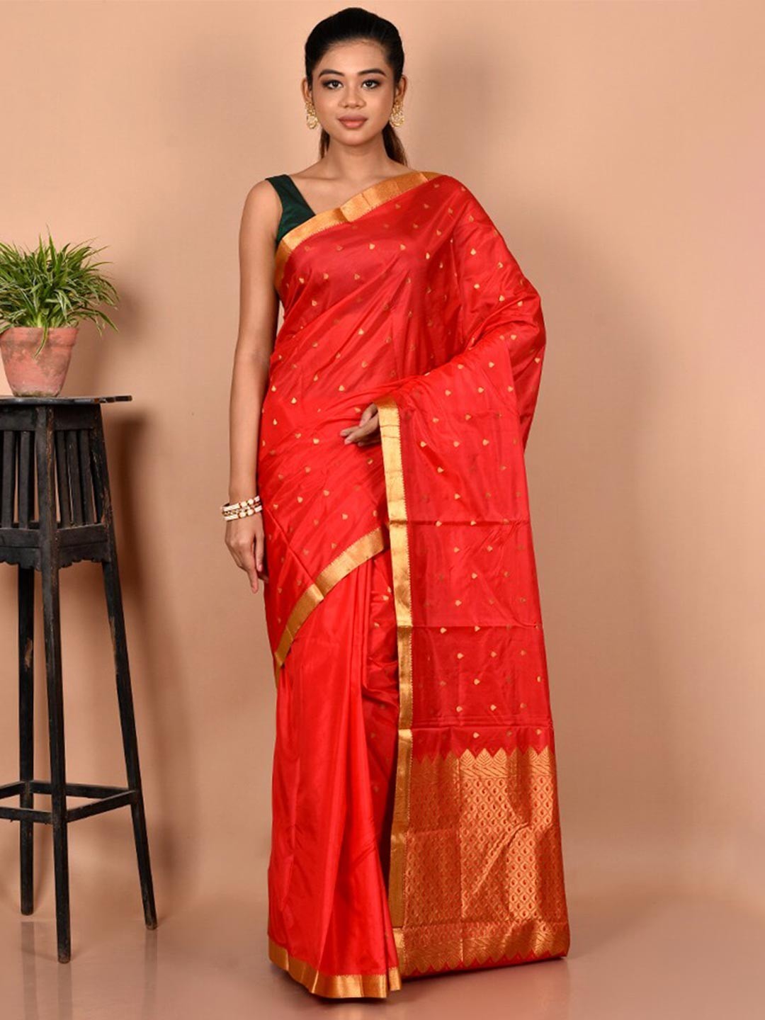 

AllSilks Woven Design Zari Silk Blend Kanjeevaram Saree, Red