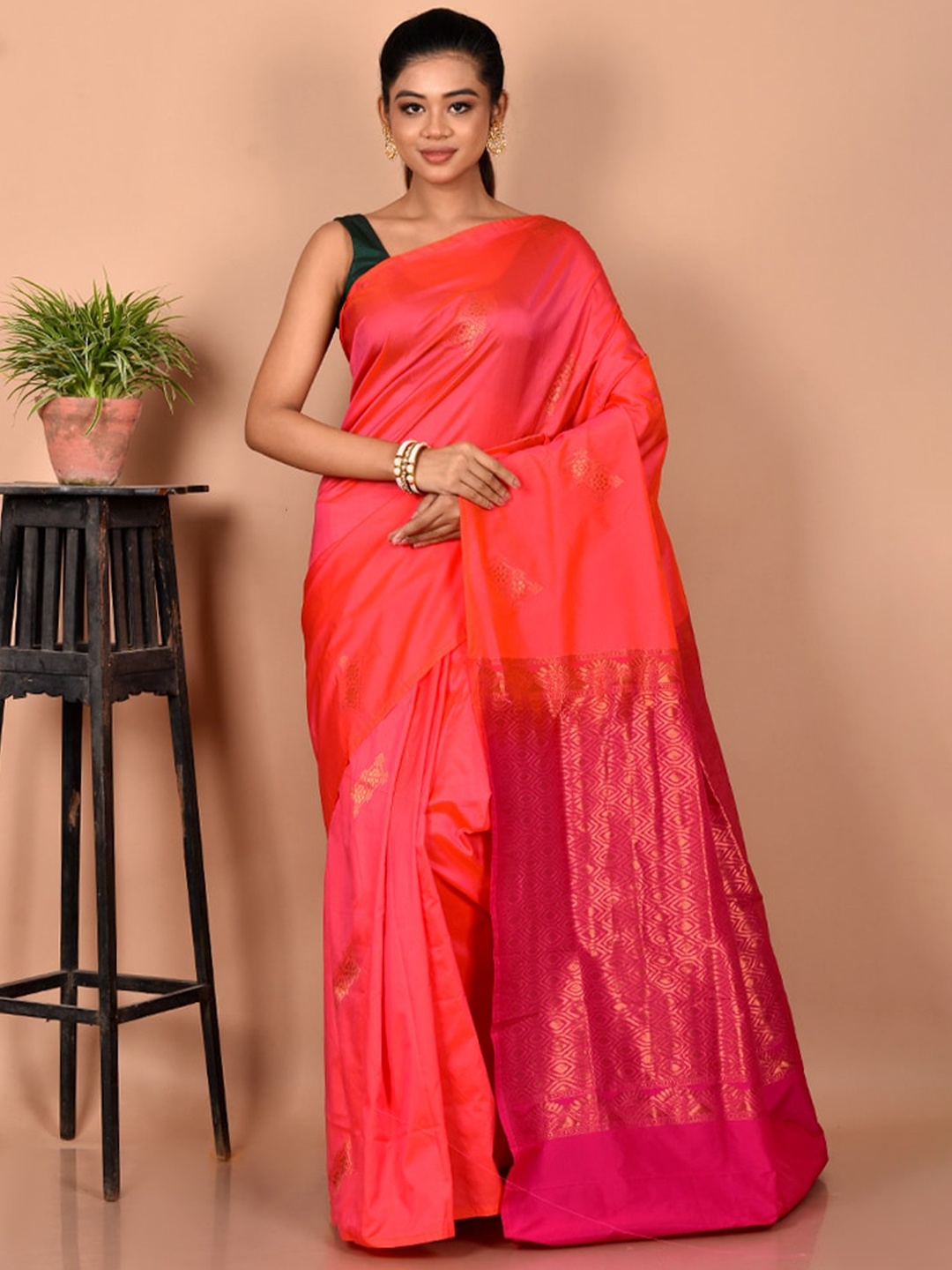 

AllSilks Woven Design Zari Silk Blend Kanjeevaram Saree, Pink