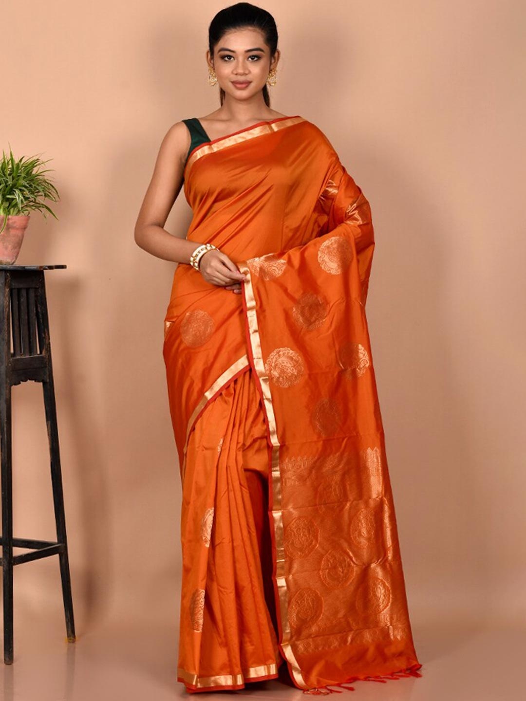 

AllSilks Woven Design Zari Silk Blend Kanjeevaram Saree, Rust