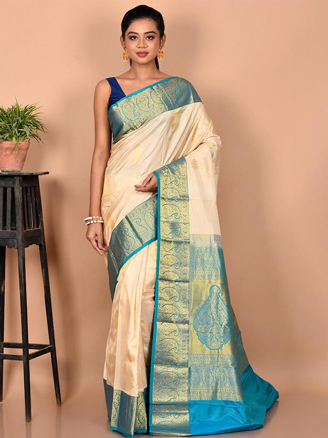 

AllSilks Woven Design Zari Pure Silk Kanjeevaram Saree, Cream