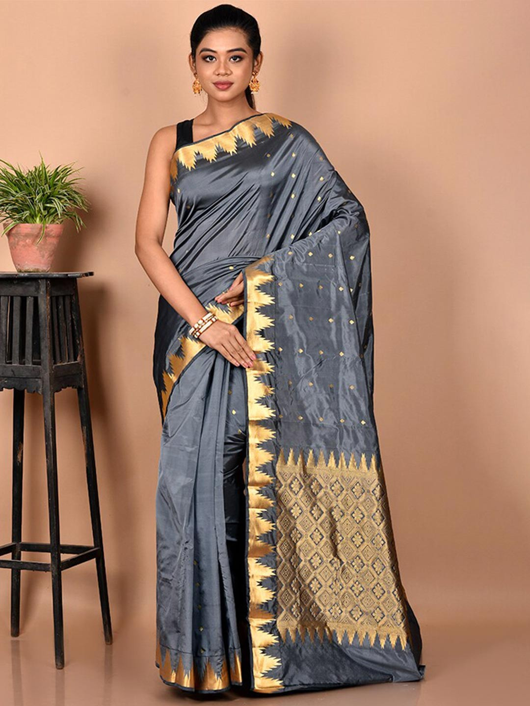 

AllSilks Woven Design Zari Silk Blend Kanjeevaram Saree, Grey