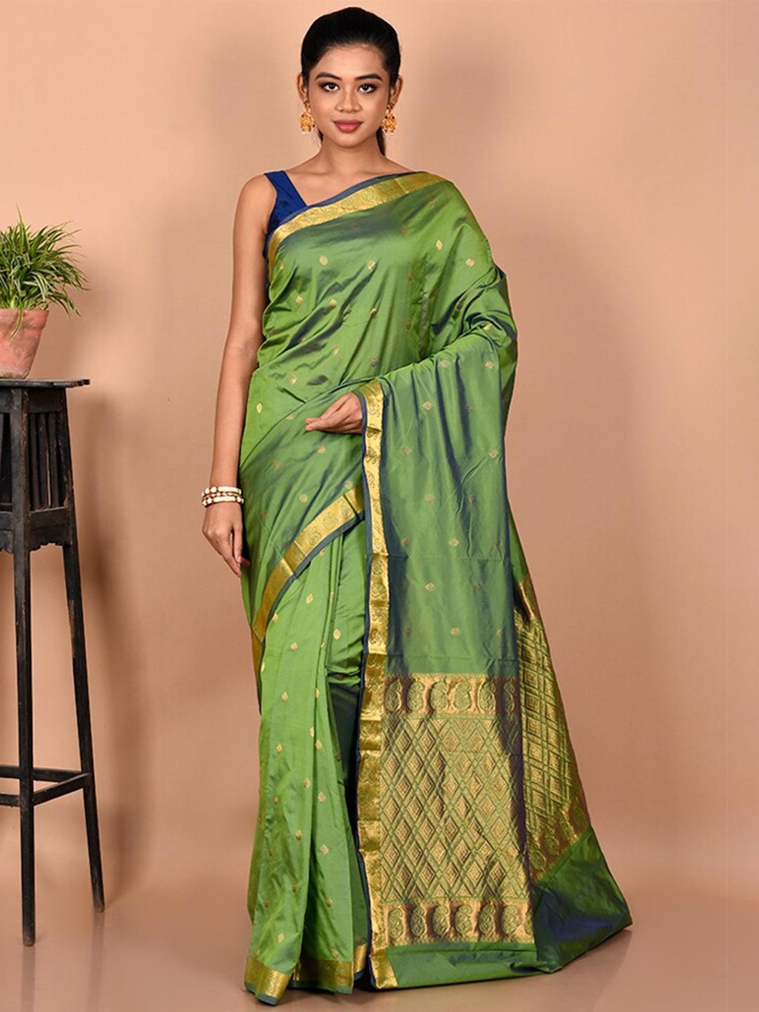 

AllSilks Woven Design Zari Silk Blend Kanjeevaram Saree, Green
