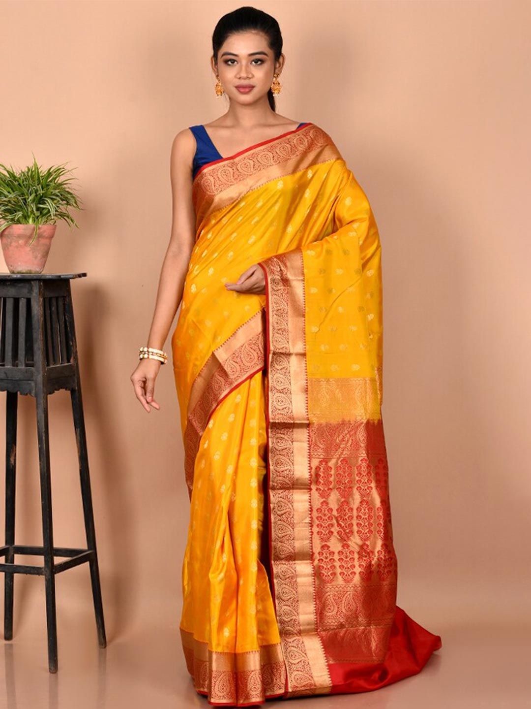 

AllSilks Woven Design Zari Pure Silk Kanjeevaram Saree, Yellow