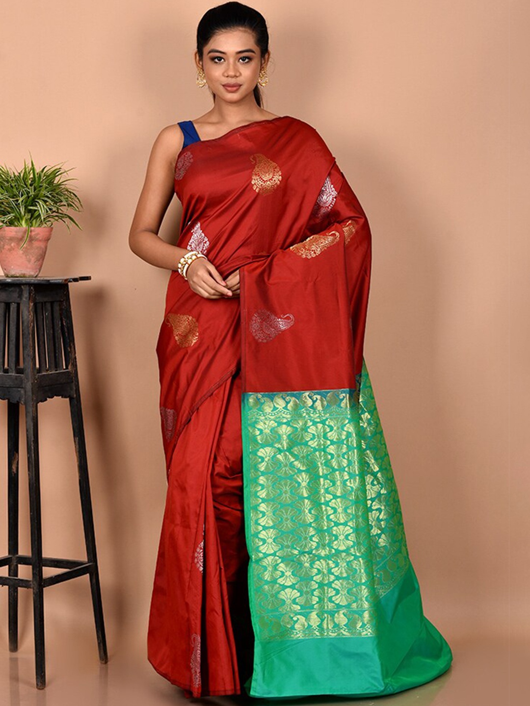 

AllSilks Woven Design Zari Silk Blend Kanjeevaram Saree, Red