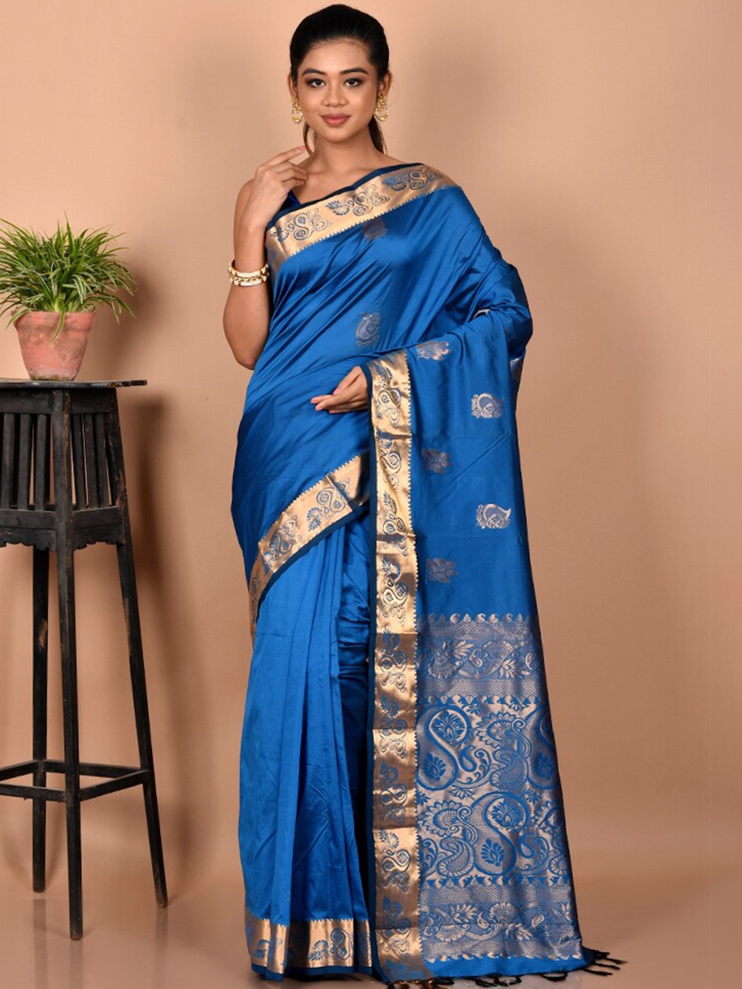 

AllSilks Ethnic Motifs Zari Kanjeevaram Saree, Blue