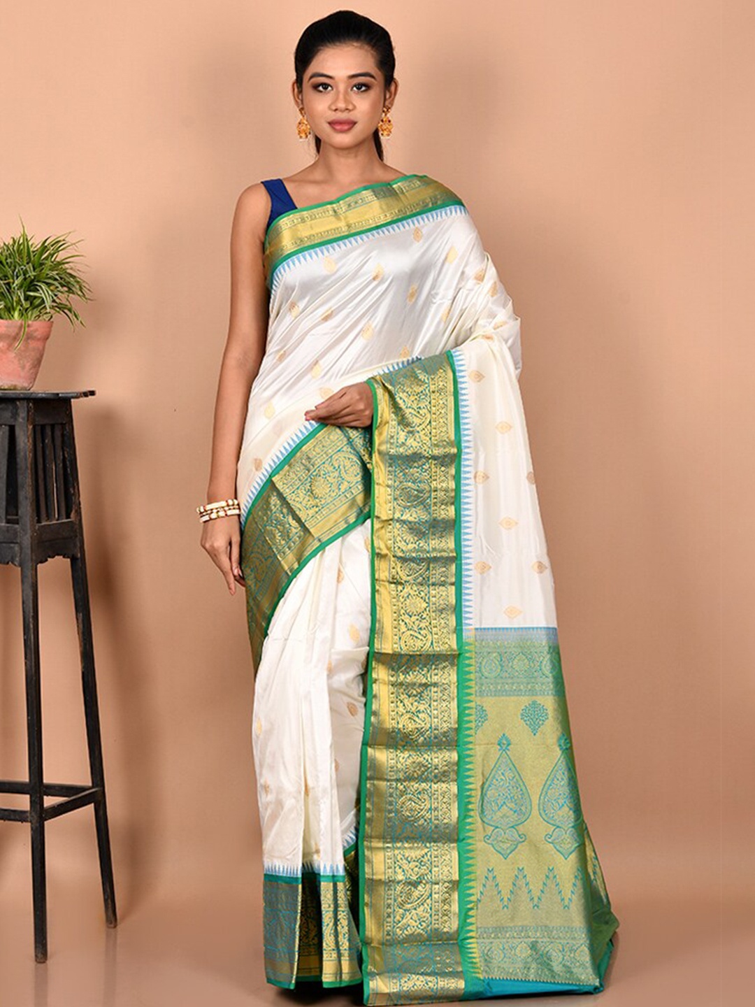 

AllSilks White & Green Woven Design Zari Pure Silk Kanjeevaram Saree
