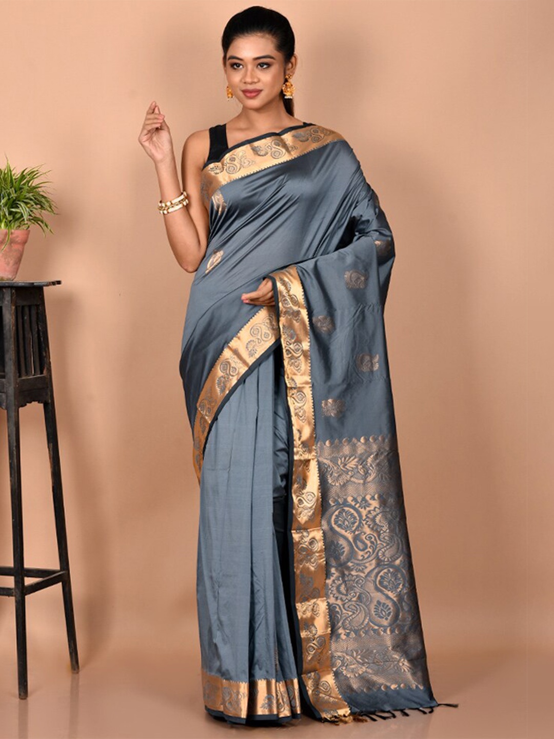 

AllSilks Woven Design Zari Kanjeevaram Saree, Grey
