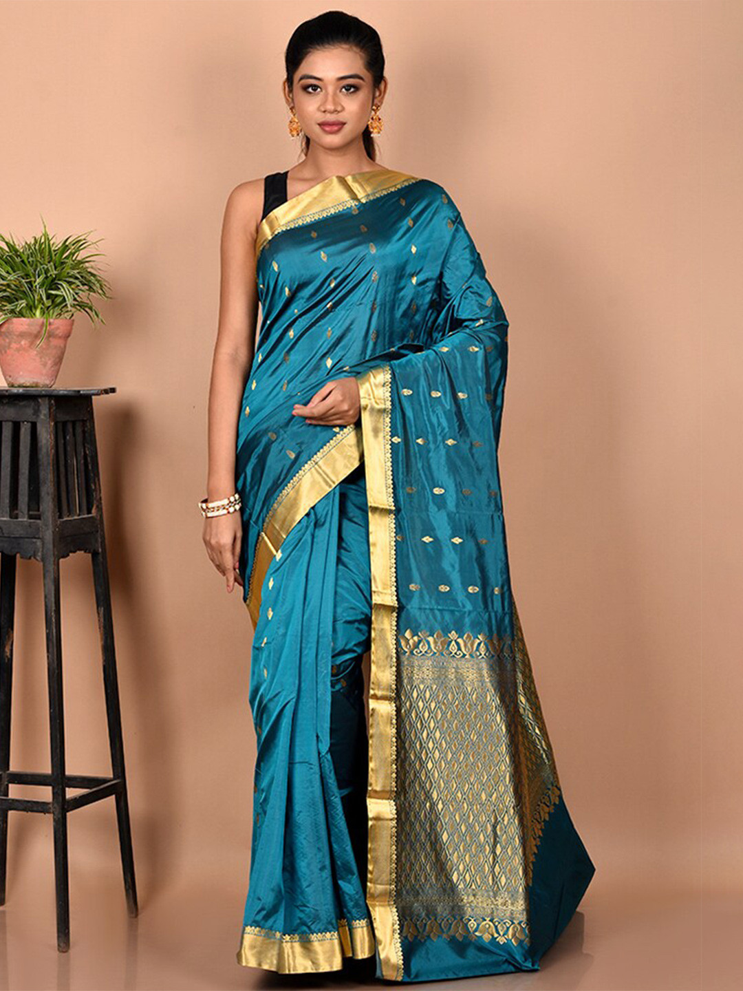 

AllSilks Ethnic Motifs Zari Silk Blend Kanjeevaram Saree, Blue
