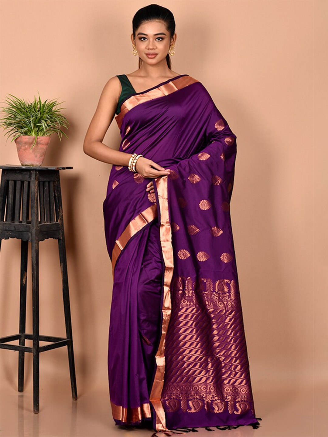 

AllSilks Ethnic Motifs Zari Silk Blend Kanjeevaram Saree, Purple