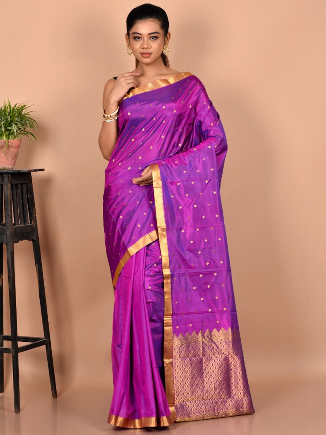 

AllSilks Ethnic Motifs Zari Silk Blend Kanjeevaram Saree, Purple