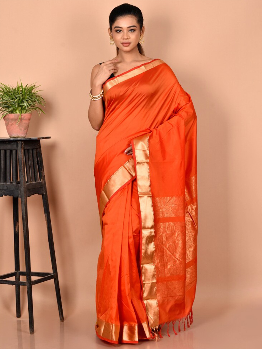 

AllSilks Zari Silk Blend Kanjeevaram Saree, Orange