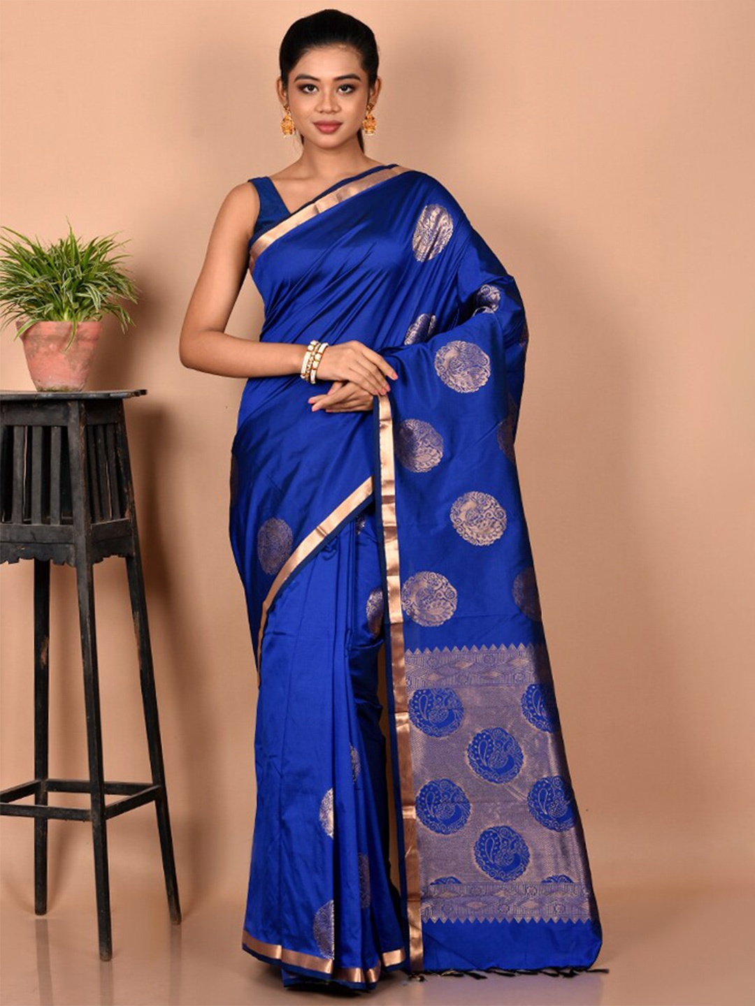 

AllSilks Ethnic Motifs Zari Silk Blend Kanjeevaram Saree, Blue