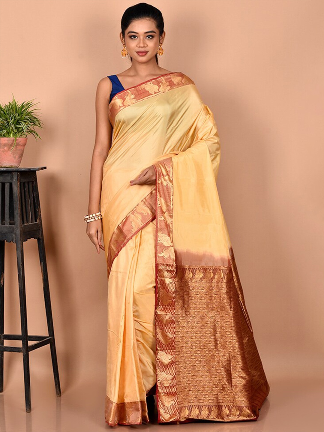 

AllSilks Zari Silk Blend Kanjeevaram Saree, Cream