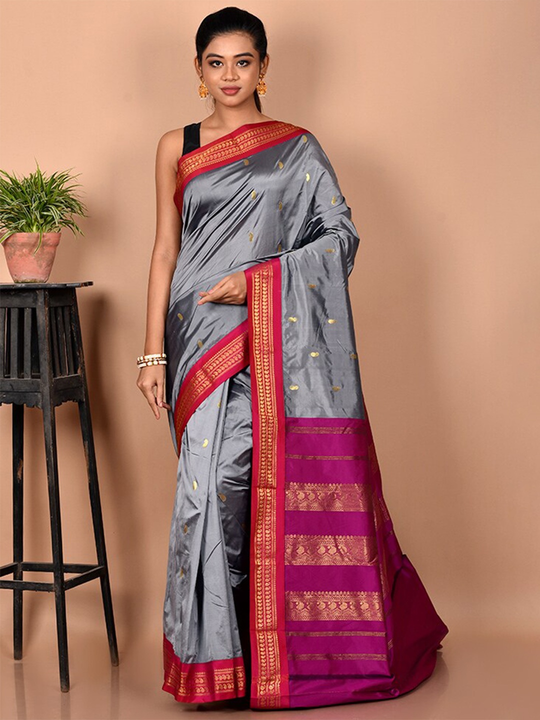 

AllSilks Woven Design Zari Silk Blend Kanjeevaram Saree, Grey