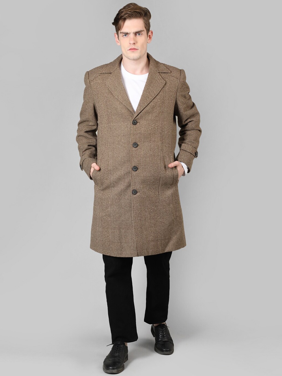 

LURE URBAN Men Checked Wool Trench Coats, Brown