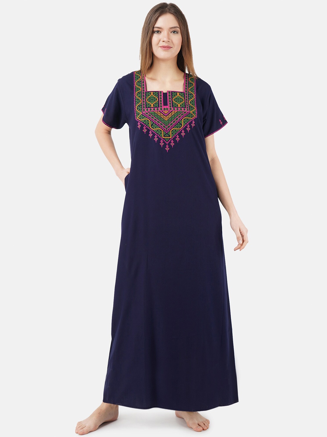 

KOI SLEEPWEAR Embroidered Cotton Maxi Nightdress, Navy blue