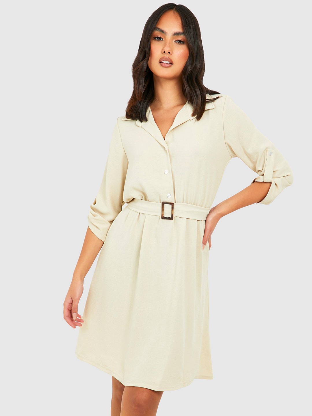 

Boohoo Solid A-Line Dress with A Belt, Cream