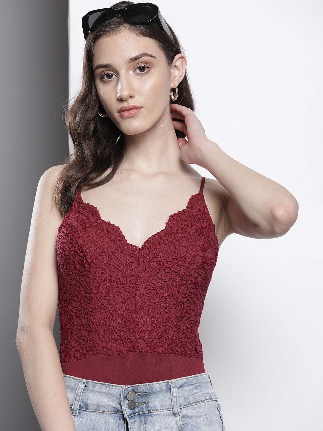 

Boohoo Shoulder Straps Lace Bodysuit, Maroon