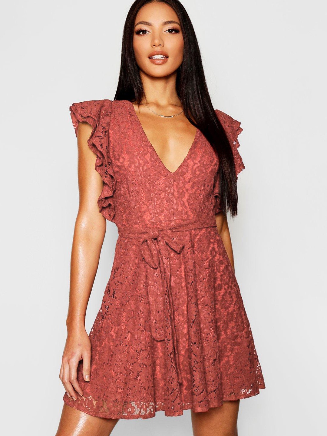 

Boohoo Lace Flutter Sleeves Fit & Flare Dress, Rust