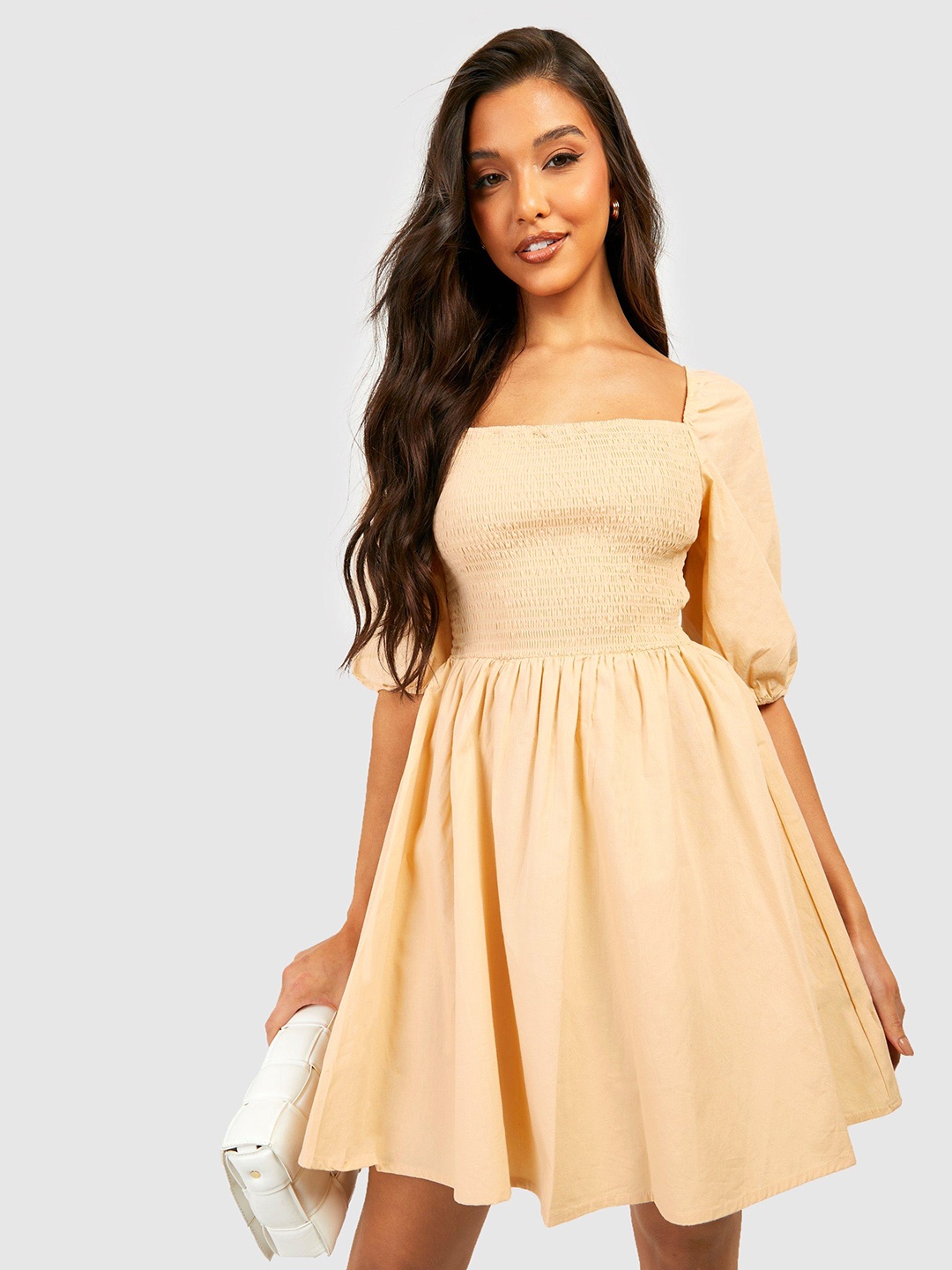 

Boohoo Pure Cotton Smocked A-Line Dress, Beige