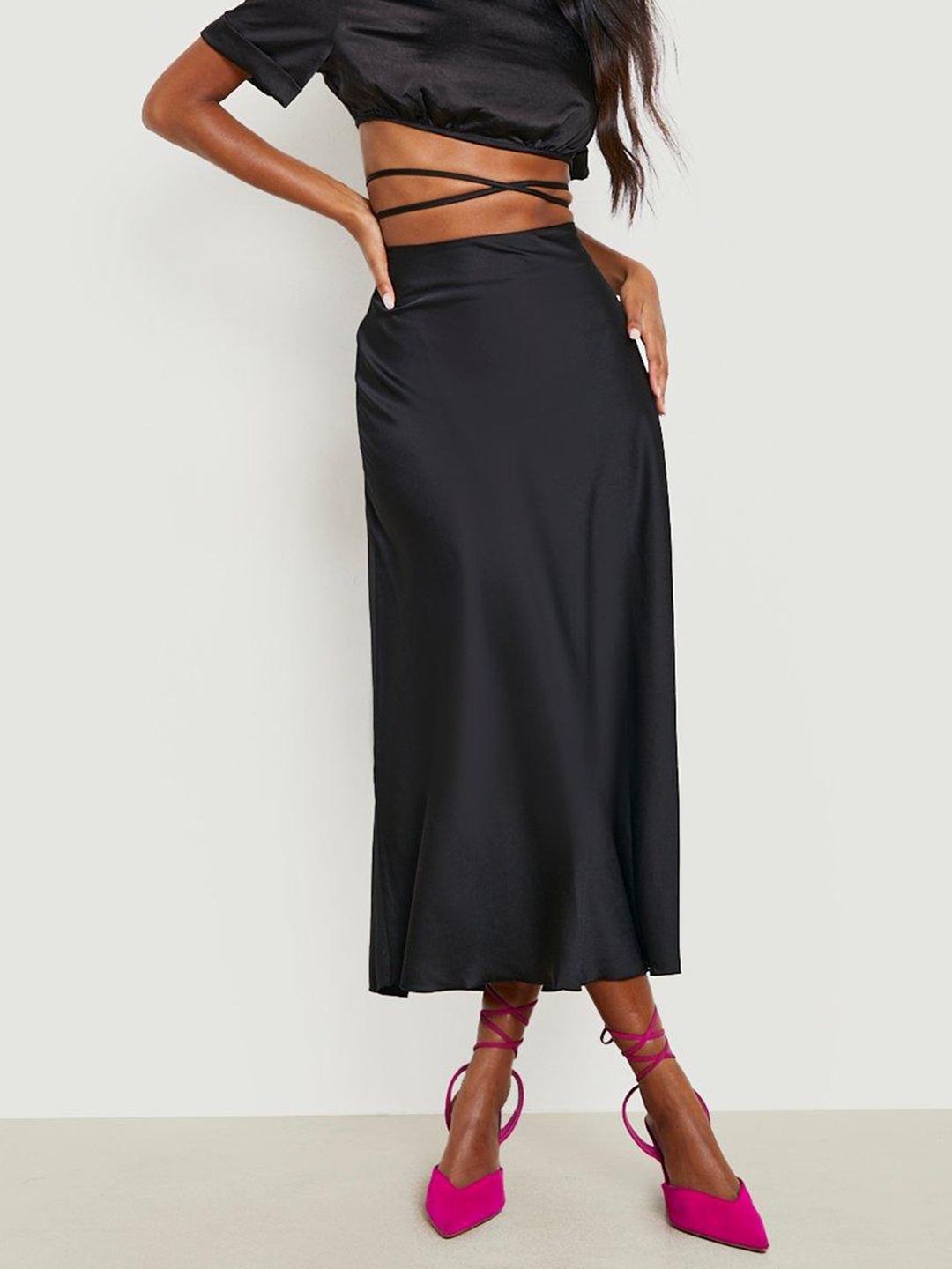 

Boohoo Satin Midi A-Line Skirt, Black