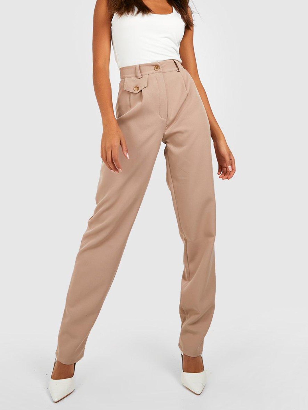 

Boohoo Women Woven Pocket Tab Straight Leg Trouser, Beige