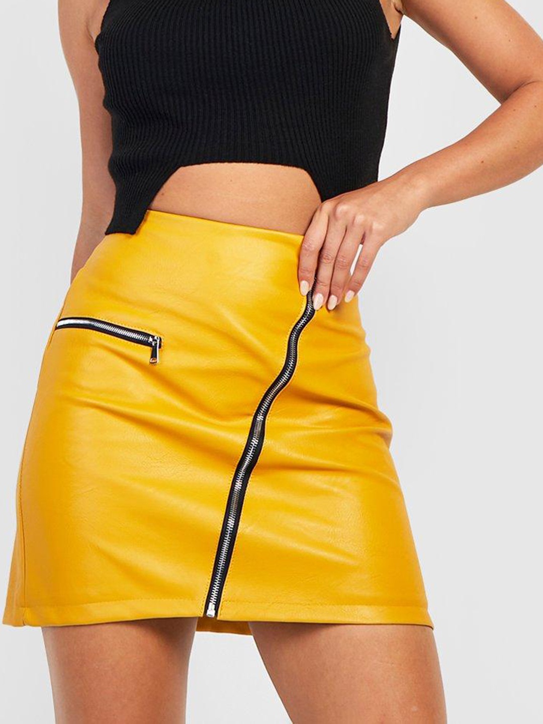 

Boohoo Front Zip Closure Straight Mini Skirt, Yellow