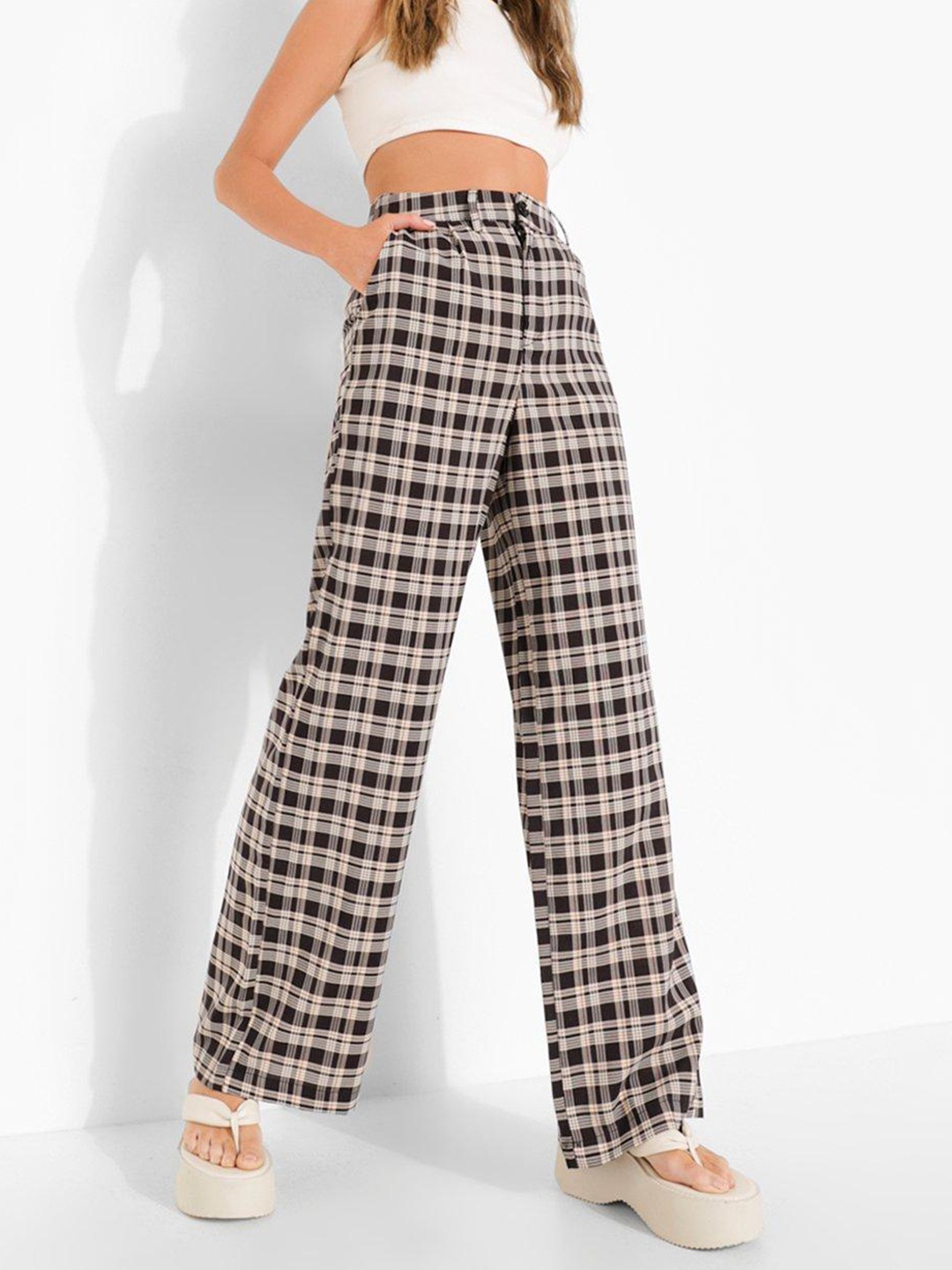 

Boohoo Women Wide Leg Check Trouser, Beige
