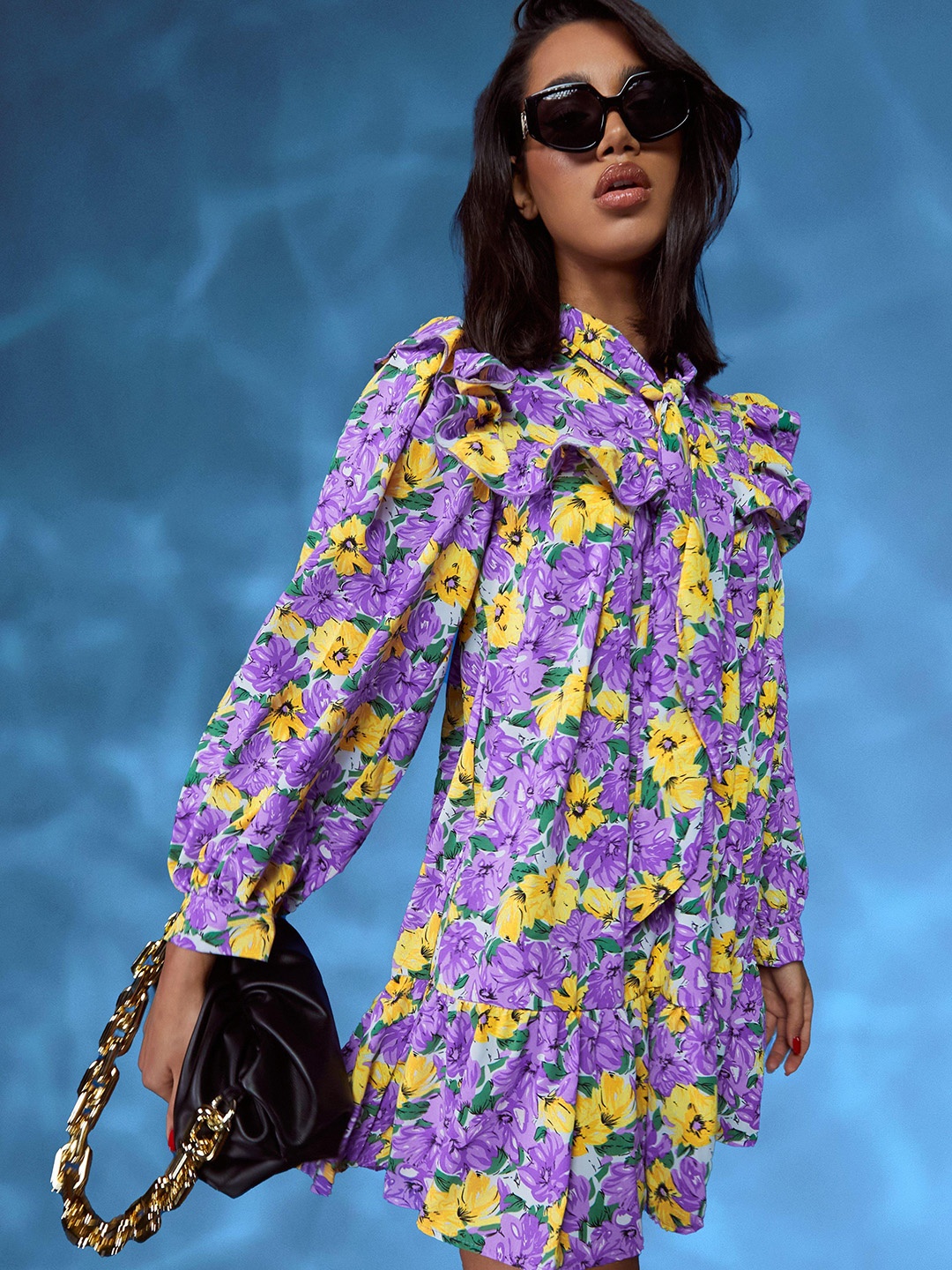 

Boohoo Floral Print Ruffle Detail A-Line Mini Dress, Purple