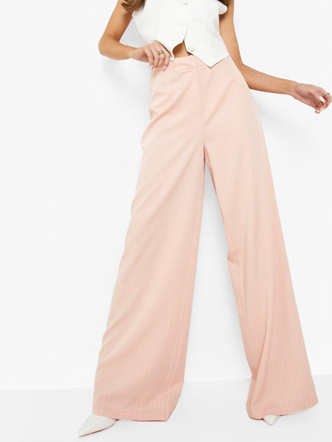 

Boohoo Women Pinstripe Relaxed Fit Wide Leg Trousers, Pink