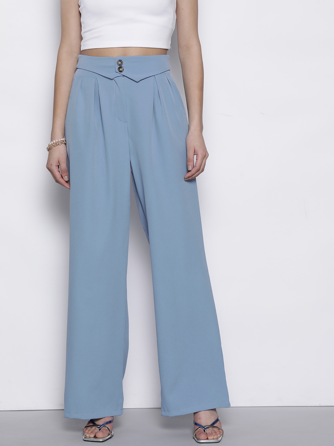 

Boohoo Women Waist Detail Straight Leg Trousers, Blue
