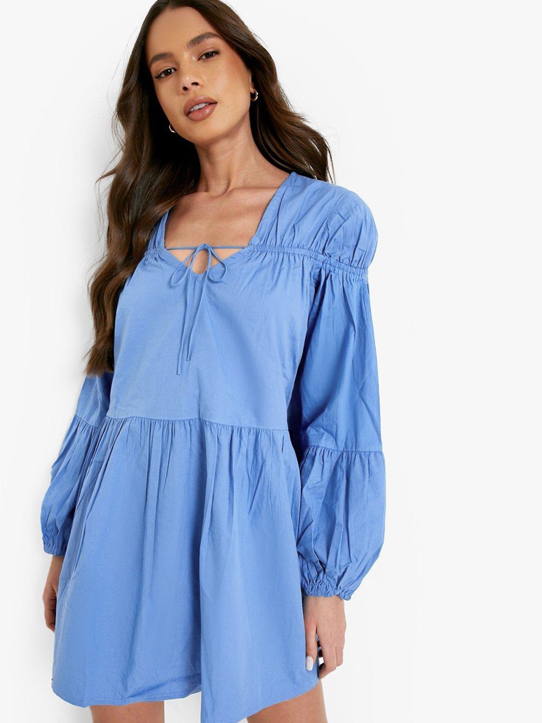 

Boohoo Pure Cotton Tie-Up Neck A-Line Mini Dress, Blue
