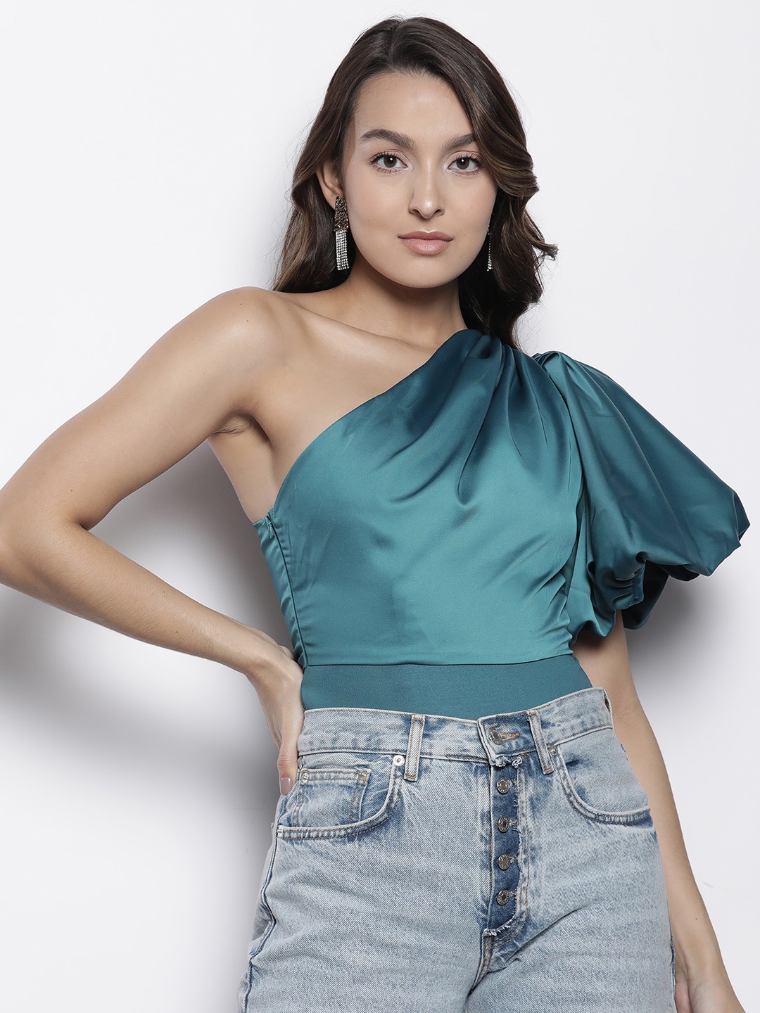 

Boohoo Women One Shoulder Puff Sleeve Satin Bodysuit, Teal