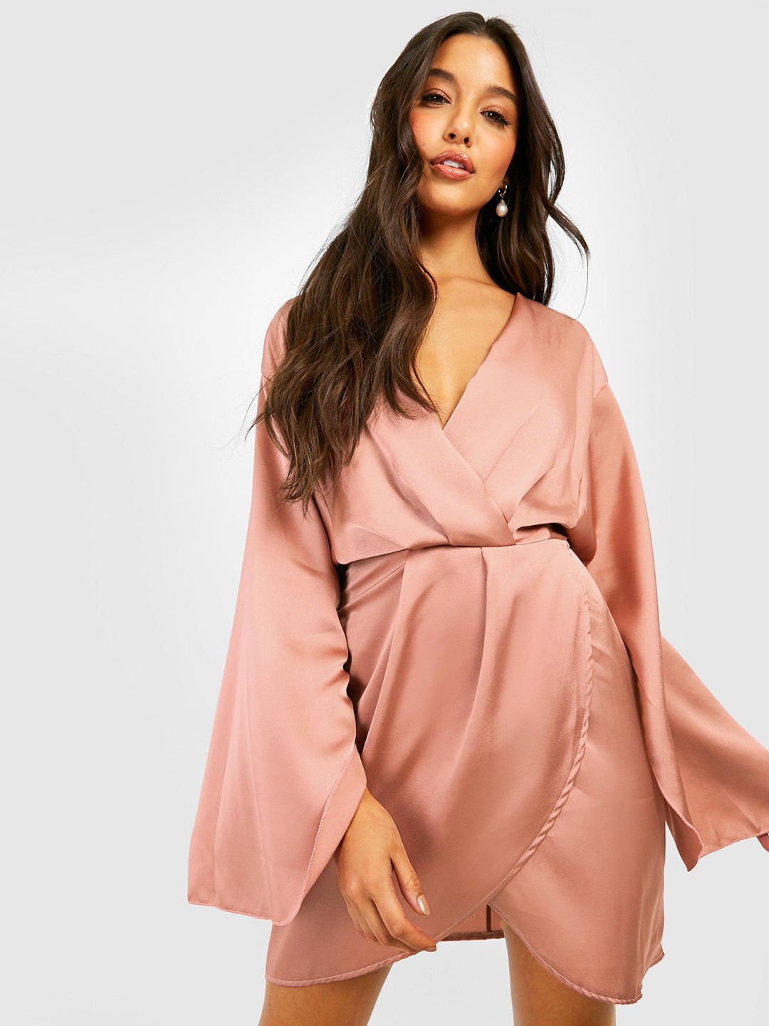 

Boohoo Cape Sleeves Satin Wrap Mini Dress, Pink