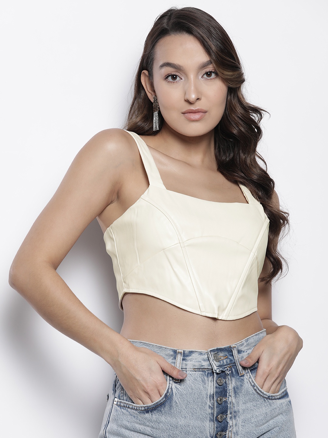 

Boohoo Faux Leather Fitted Crop Top, Cream