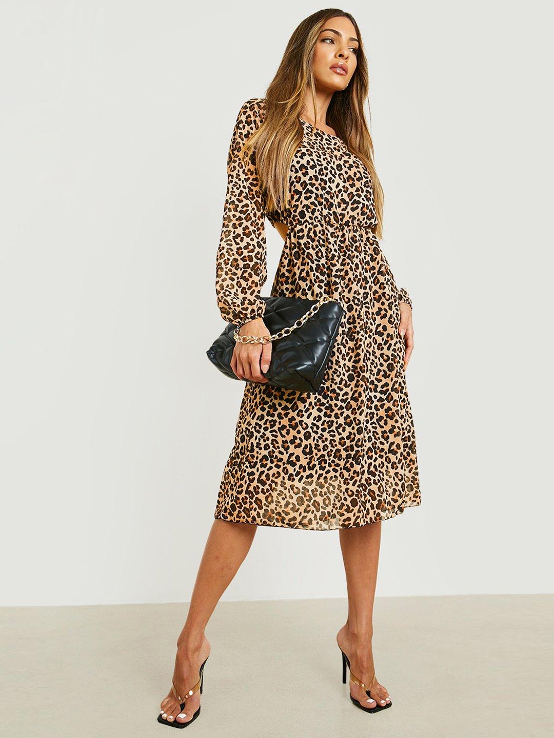 

Boohoo Animal Printed Cut-out A-Line Midi Dress, Beige