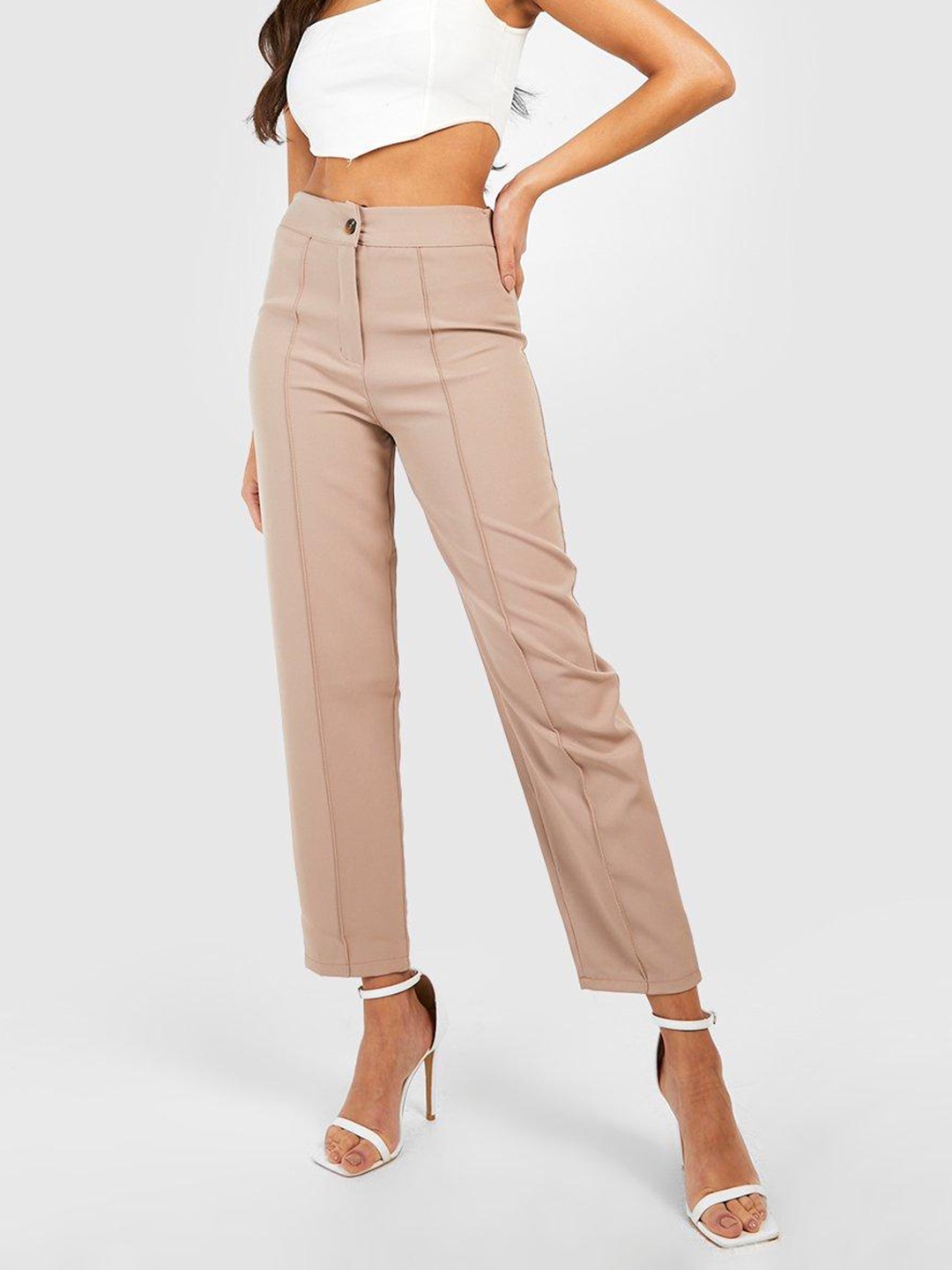 

Boohoo Women Tapered Fit High-Rise Trousers, Pink