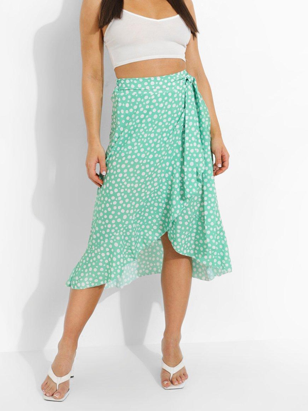 

Boohoo Polka Dots Printed Wrap Midi Skirt, Green