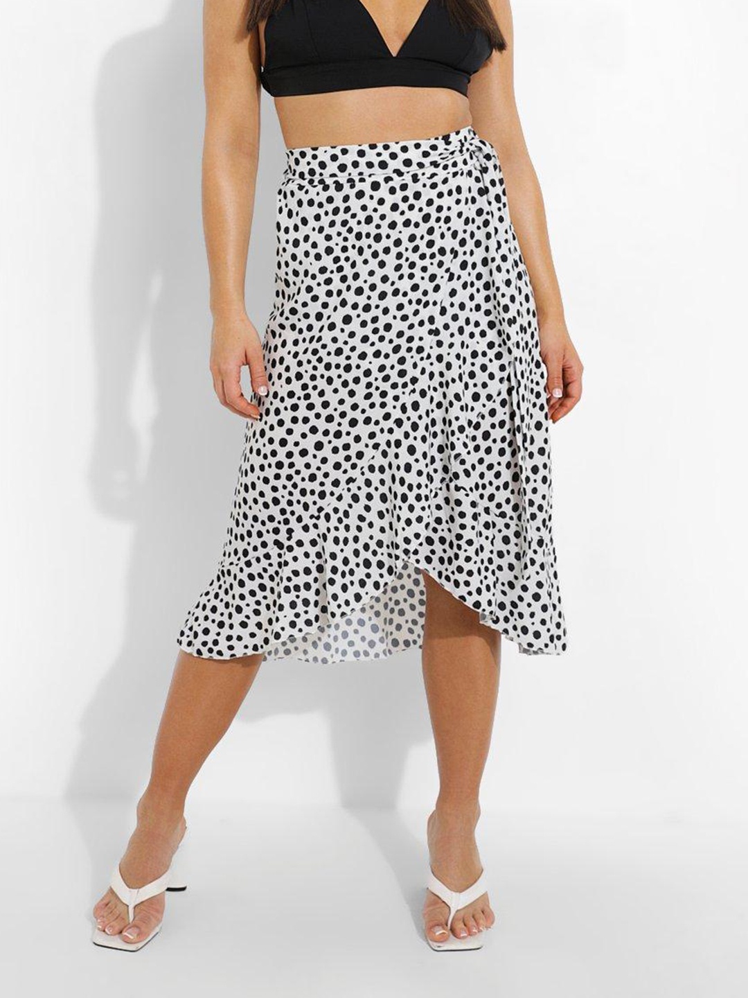 

Boohoo Polka Dots Printed Wrap Midi Skirt, White