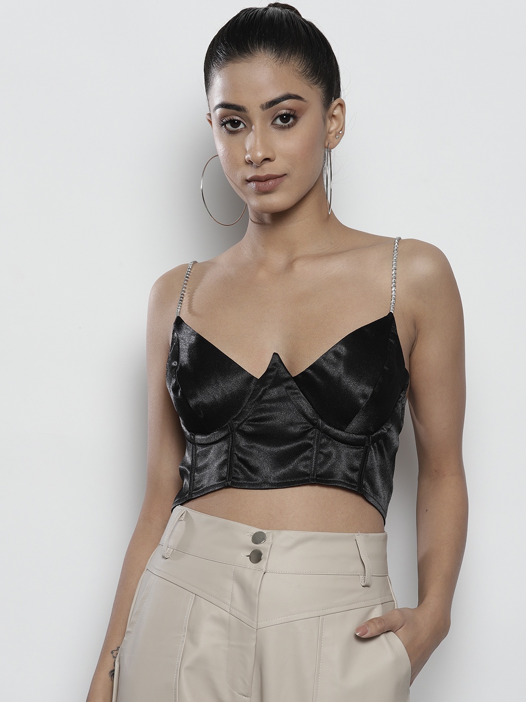 

Boohoo Satin Diamante Strap Corset Top, Black