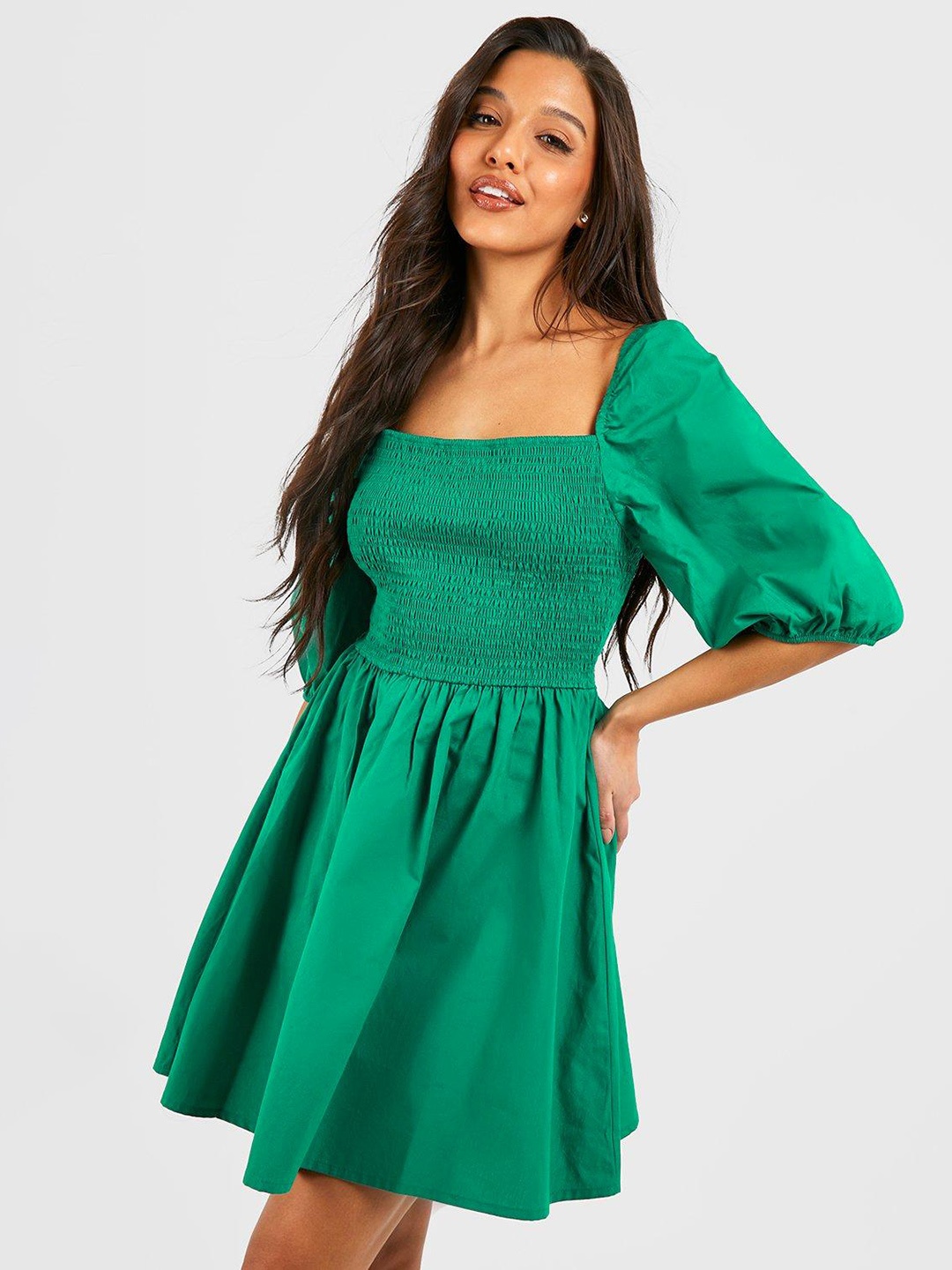 

Boohoo Pure Cotton Smocked A-Line Dress, Green