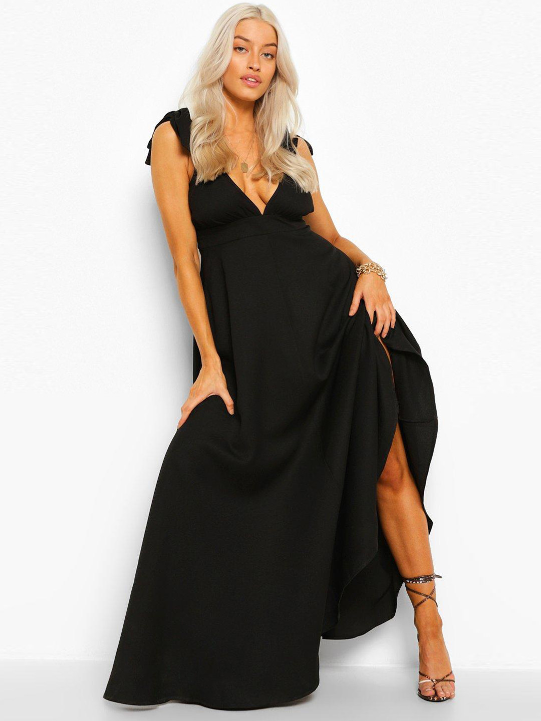 

Boohoo V-Neck Tie-Up Detail Maxi Dress, Black