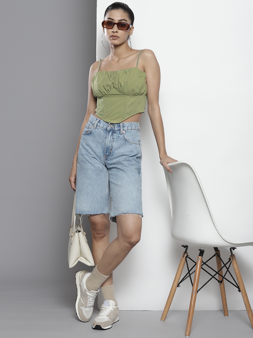 

Boohoo Ruched Tie-Up Corset Crop Top, Green