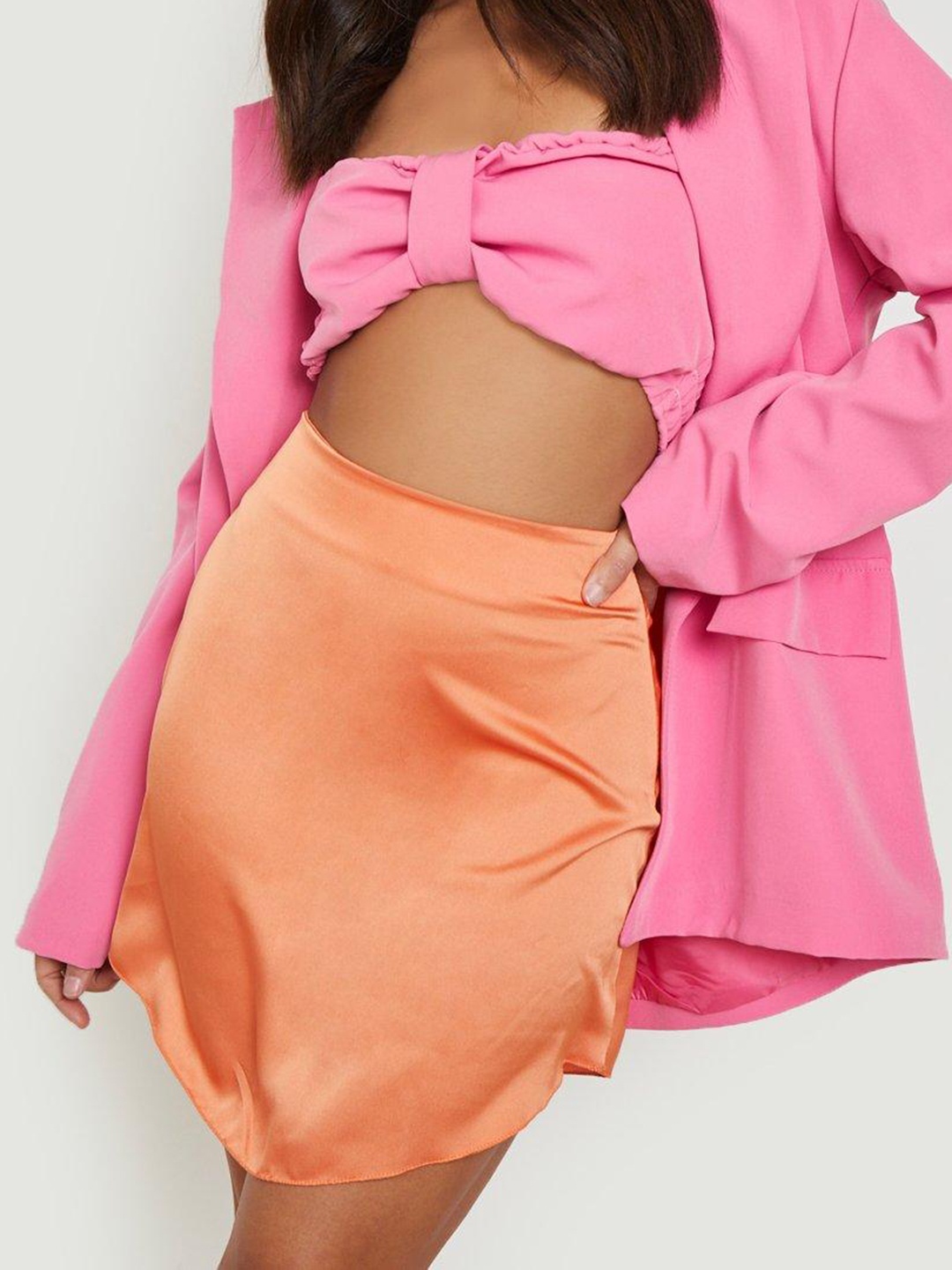 

Boohoo Satin Curved Hem Mini Skirt, Orange