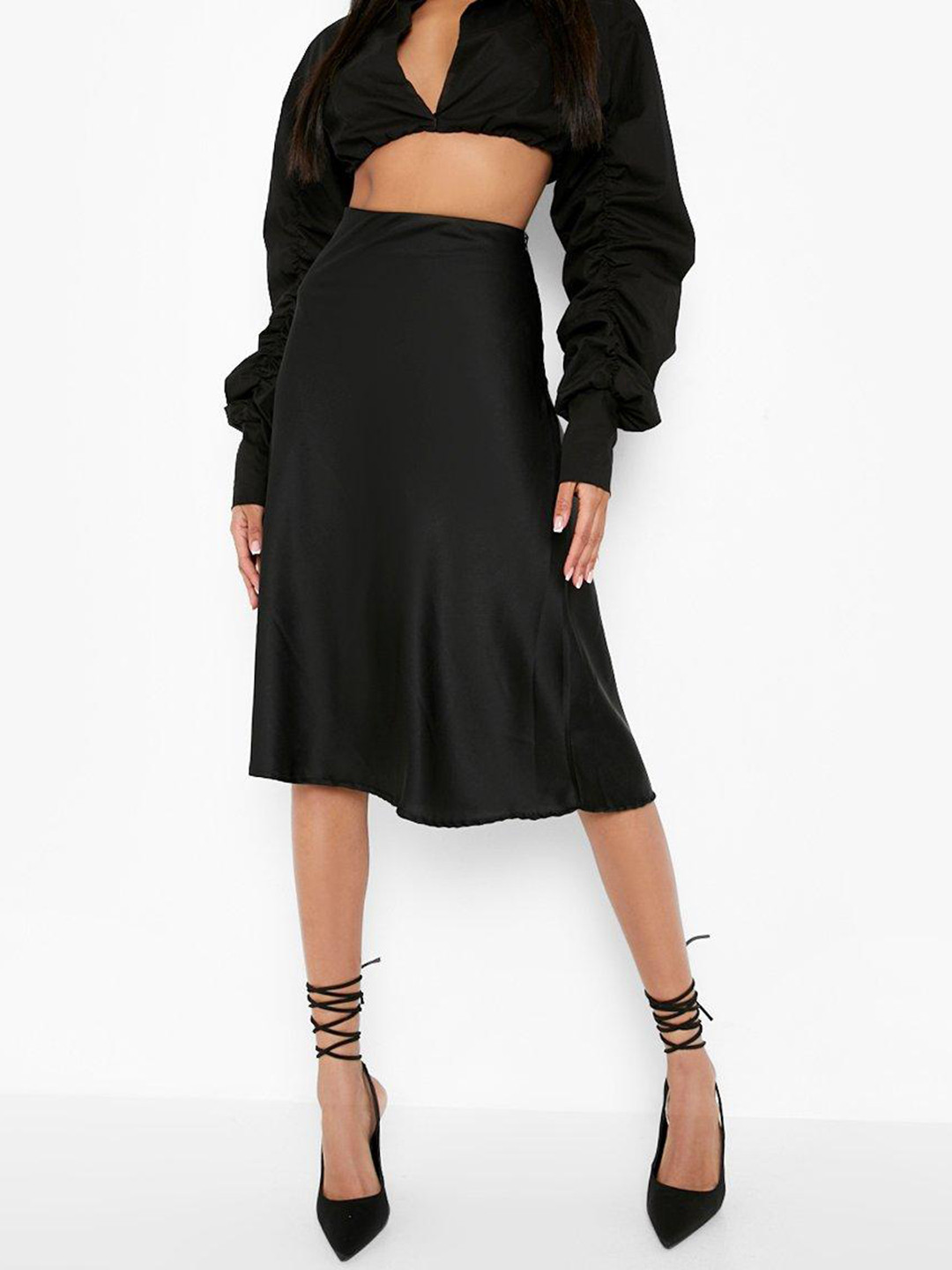 

Boohoo Satin Flared Skirt, Black